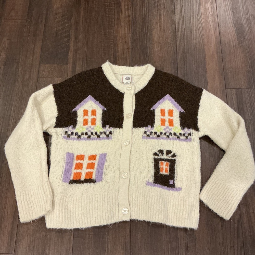 BDG Urban Outfitters House Intarsia Fuzzy Cardigan Cream Brown Small Cottagecore